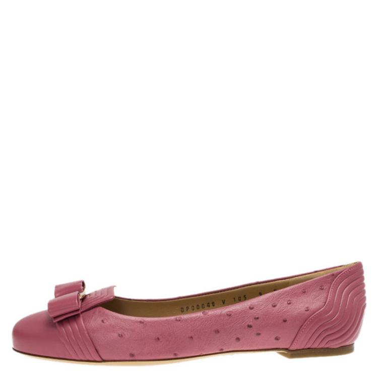 Pre Owned Salvatore Ferragamo Pink Ostrich Embossed Leather Vara Bow Ballet Flats Size 39.5