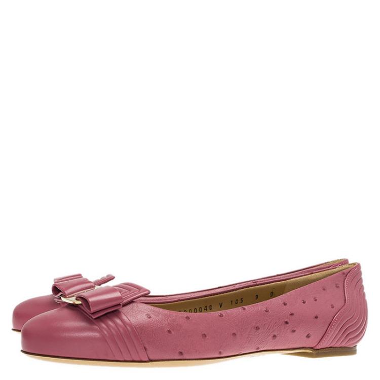 Pre Owned Salvatore Ferragamo Pink Ostrich Embossed Leather Vara Bow Ballet Flats Size 39.5