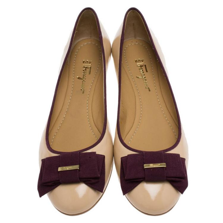 Pre Owned Salvatore Ferragamo Beige and Purple Leather My Knot Ballet Flats Size 40 