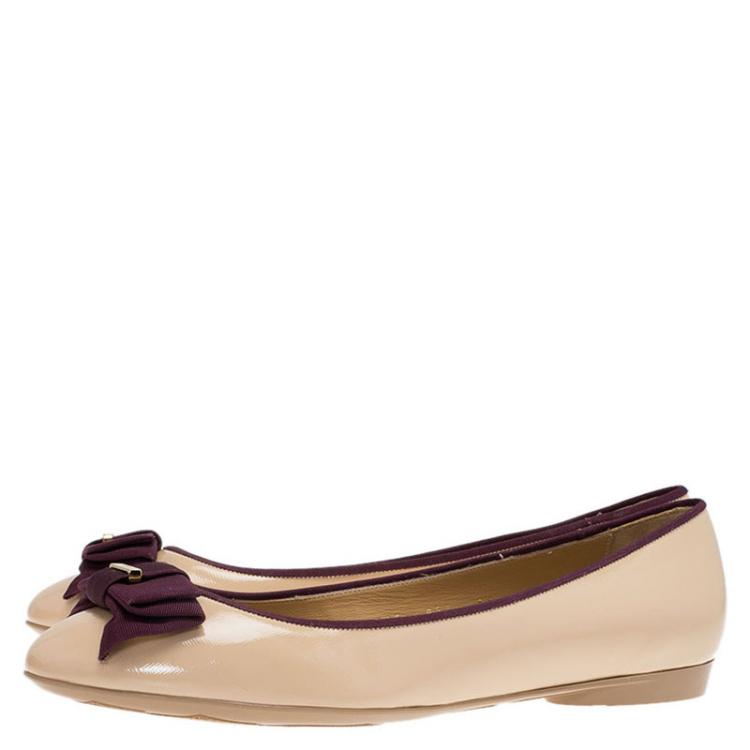 Pre Owned Salvatore Ferragamo Beige and Purple Leather My Knot Ballet Flats Size 40 