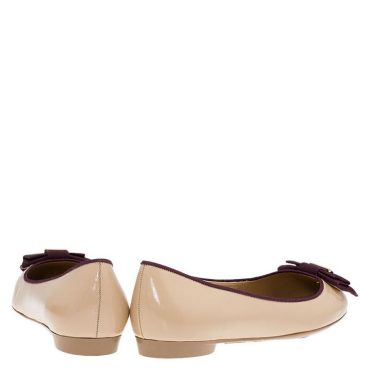 Pre Owned Salvatore Ferragamo Beige and Purple Leather My Knot Ballet Flats Size 40 