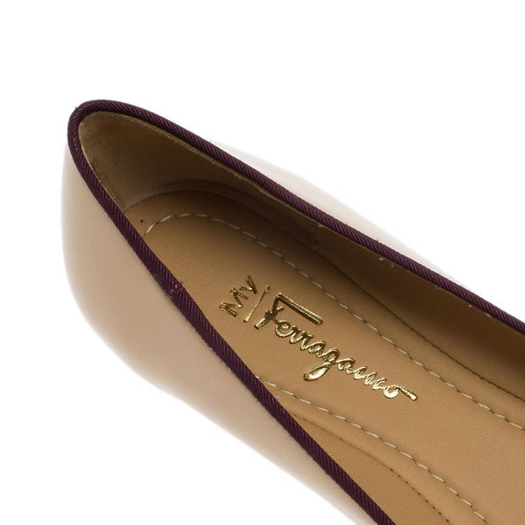 Pre Owned Salvatore Ferragamo Beige and Purple Leather My Knot Ballet Flats Size 40 