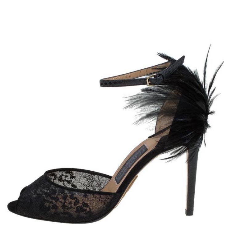 Pre Owned Salvatore Ferragamo Black Mesh and Leather Feather Detail Narleen Ankle Strap Sandals Size 37.5
