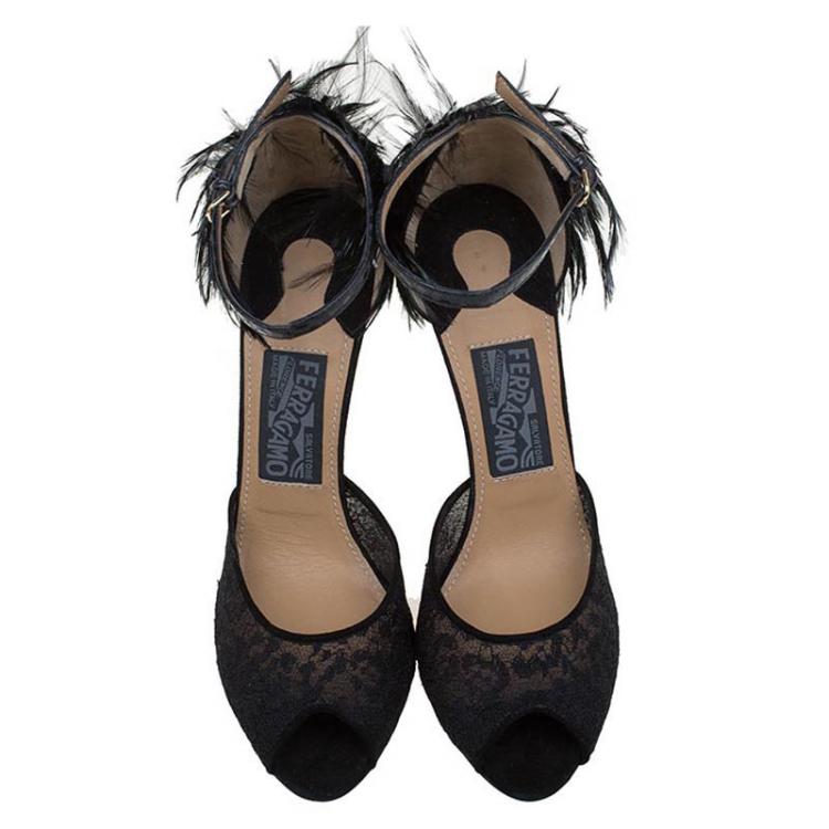 Pre Owned Salvatore Ferragamo Black Mesh and Leather Feather Detail Narleen Ankle Strap Sandals Size 37.5