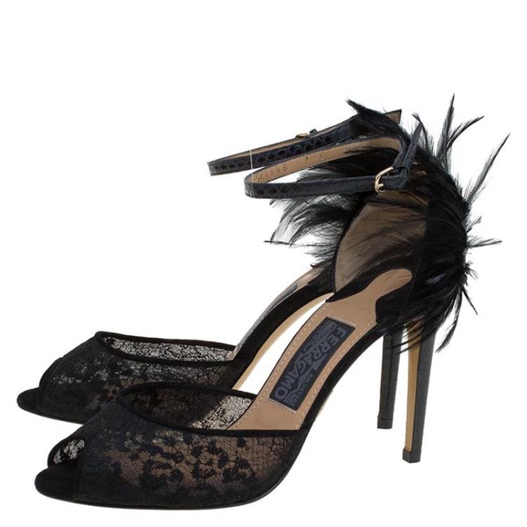 Pre Owned Salvatore Ferragamo Black Mesh and Leather Feather Detail Narleen Ankle Strap Sandals Size 37.5