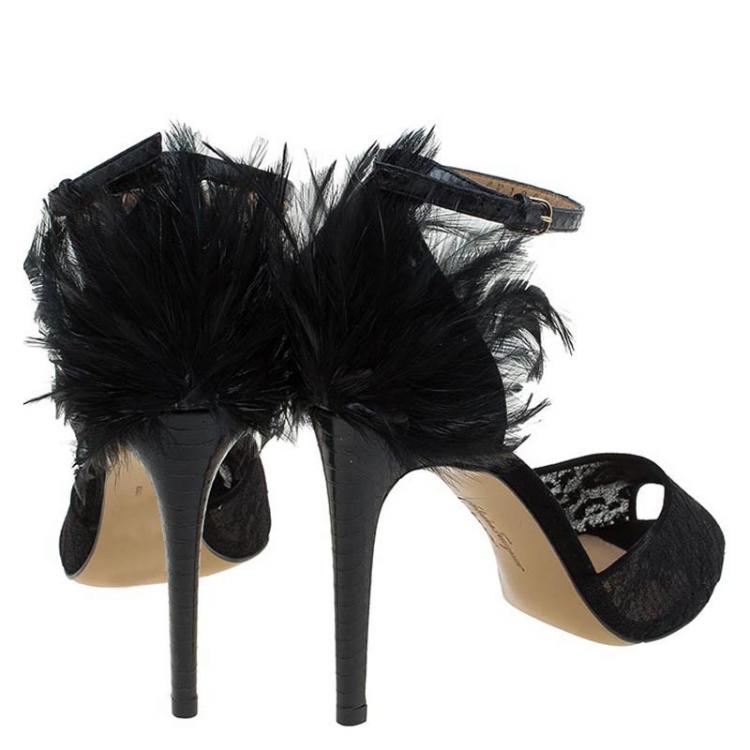 Pre Owned Salvatore Ferragamo Black Mesh and Leather Feather Detail Narleen Ankle Strap Sandals Size 37.5