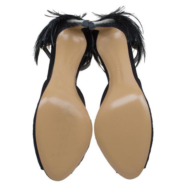 Pre Owned Salvatore Ferragamo Black Mesh and Leather Feather Detail Narleen Ankle Strap Sandals Size 37.5