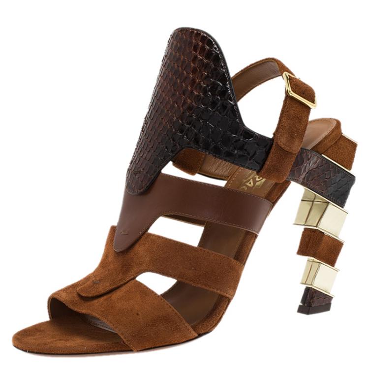 Pre Owned Salvatore Ferragamo Tricolor Suede and Python Laos Strappy Sandals Size 39
