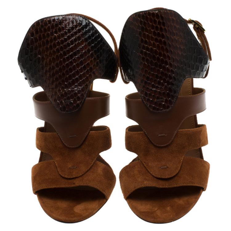 Pre Owned Salvatore Ferragamo Tricolor Suede and Python Laos Strappy Sandals Size 39