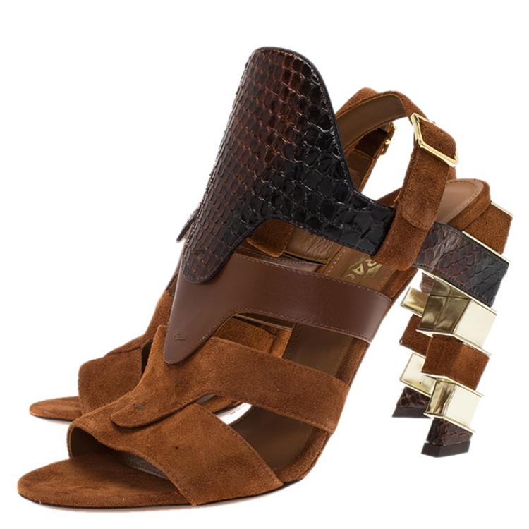 Pre Owned Salvatore Ferragamo Tricolor Suede and Python Laos Strappy Sandals Size 39