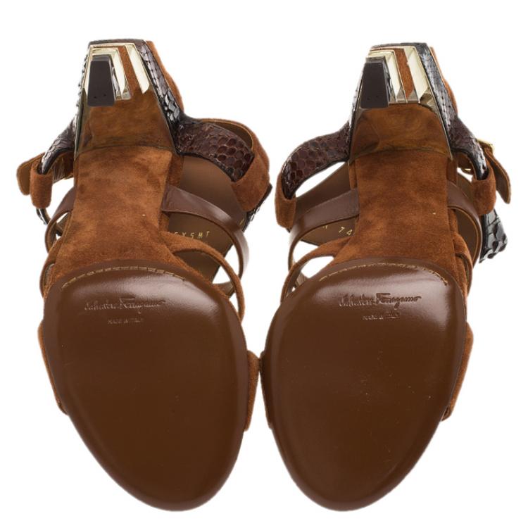 Pre Owned Salvatore Ferragamo Tricolor Suede and Python Laos Strappy Sandals Size 39