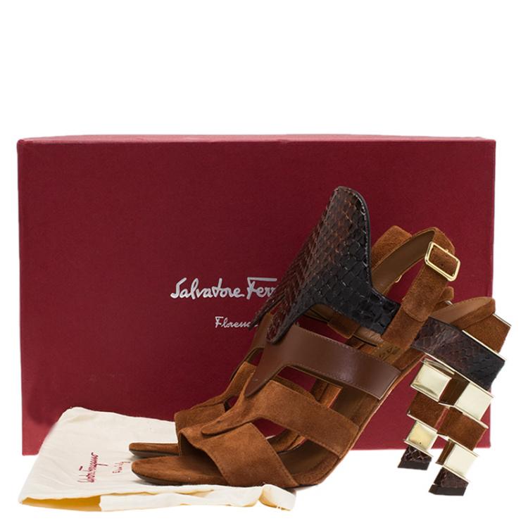 Pre Owned Salvatore Ferragamo Tricolor Suede and Python Laos Strappy Sandals Size 39