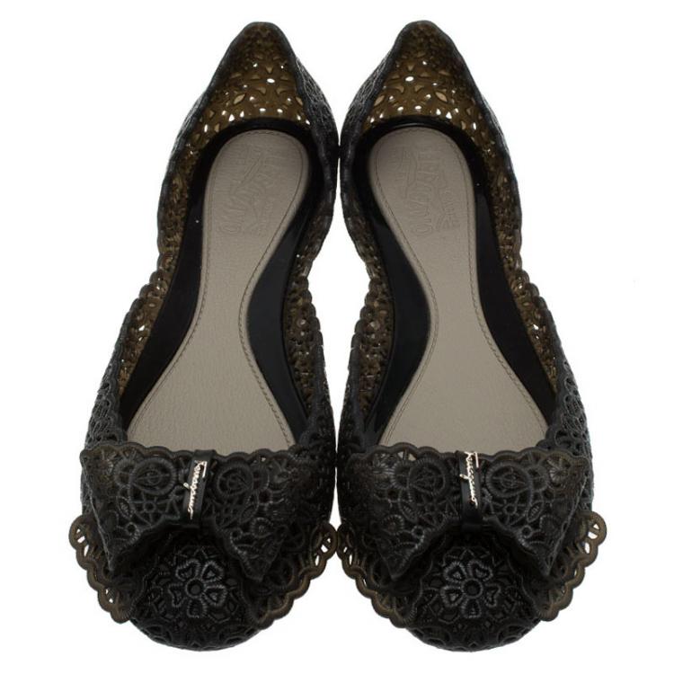Pre Owned Salvatore Ferragamo Black Nilly Jelly Bow Ballet Flats Size 40.5