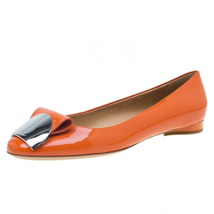 Pre Owned Salvatore Ferragamo Orange Patent Sun Ballet Flats Size 40.5