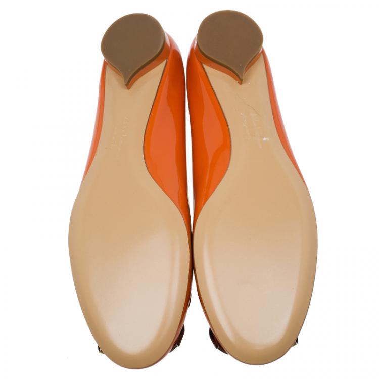 Pre Owned Salvatore Ferragamo Orange Patent Sun Ballet Flats Size 40.5