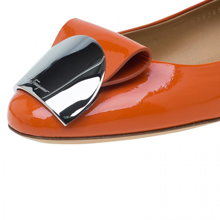Pre Owned Salvatore Ferragamo Orange Patent Sun Ballet Flats Size 40.5