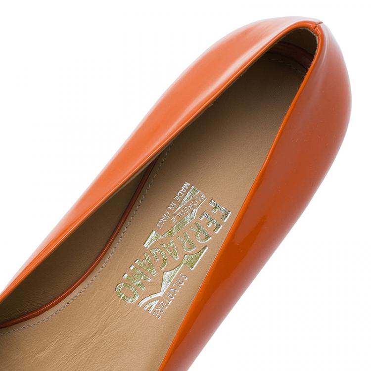 Pre Owned Salvatore Ferragamo Orange Patent Sun Ballet Flats Size 40.5