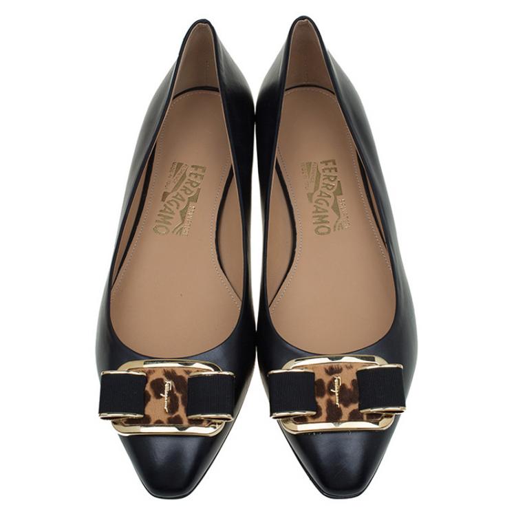 Pre Owned Salvatore Ferragamo Black Leather Lola Ballet Flats Size 40.5