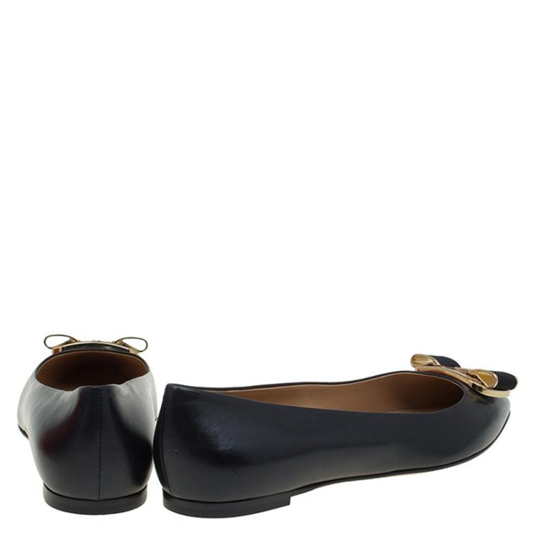 Pre Owned Salvatore Ferragamo Black Leather Lola Ballet Flats Size 40.5