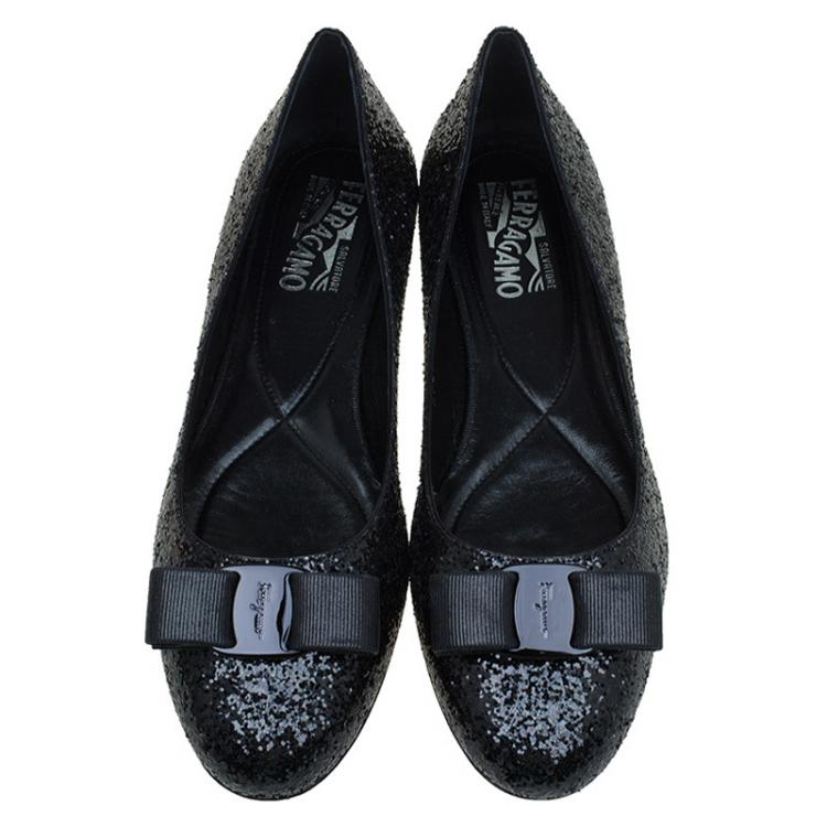 Pre Owned Salvatore Ferragamo Black Glitter Varina Bow Ballet Flats Size 40