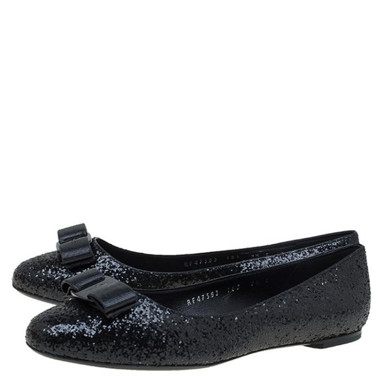 Pre Owned Salvatore Ferragamo Black Glitter Varina Bow Ballet Flats Size 40