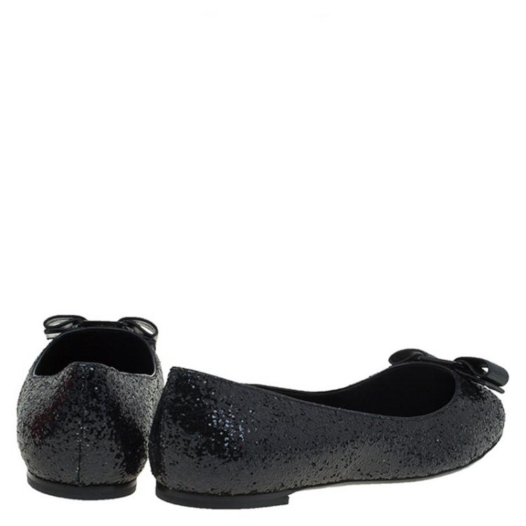 Pre Owned Salvatore Ferragamo Black Glitter Varina Bow Ballet Flats Size 40
