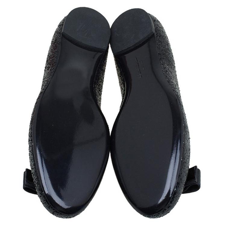 Pre Owned Salvatore Ferragamo Black Glitter Varina Bow Ballet Flats Size 40