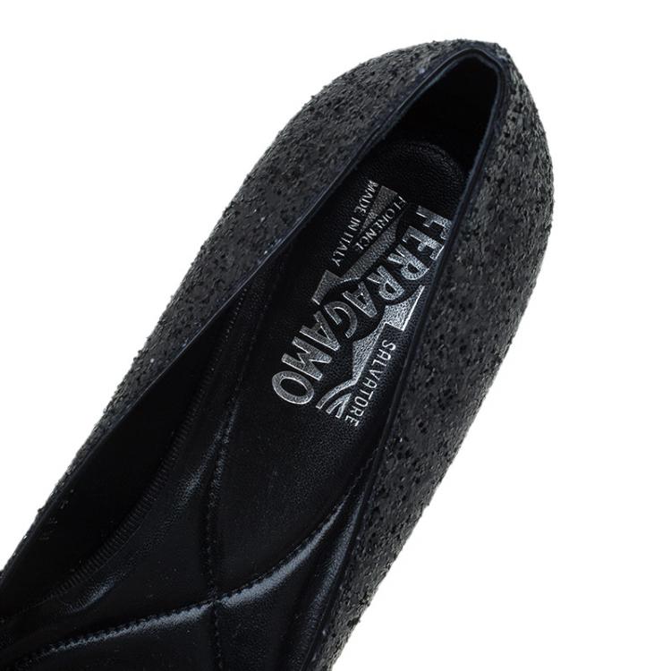 Pre Owned Salvatore Ferragamo Black Glitter Varina Bow Ballet Flats Size 40