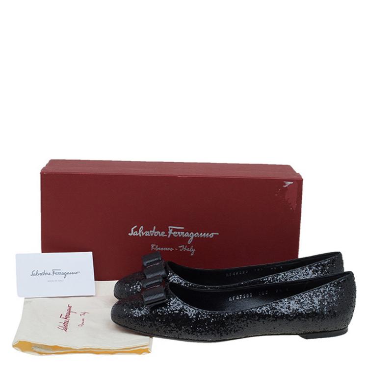 Pre Owned Salvatore Ferragamo Black Glitter Varina Bow Ballet Flats Size 40