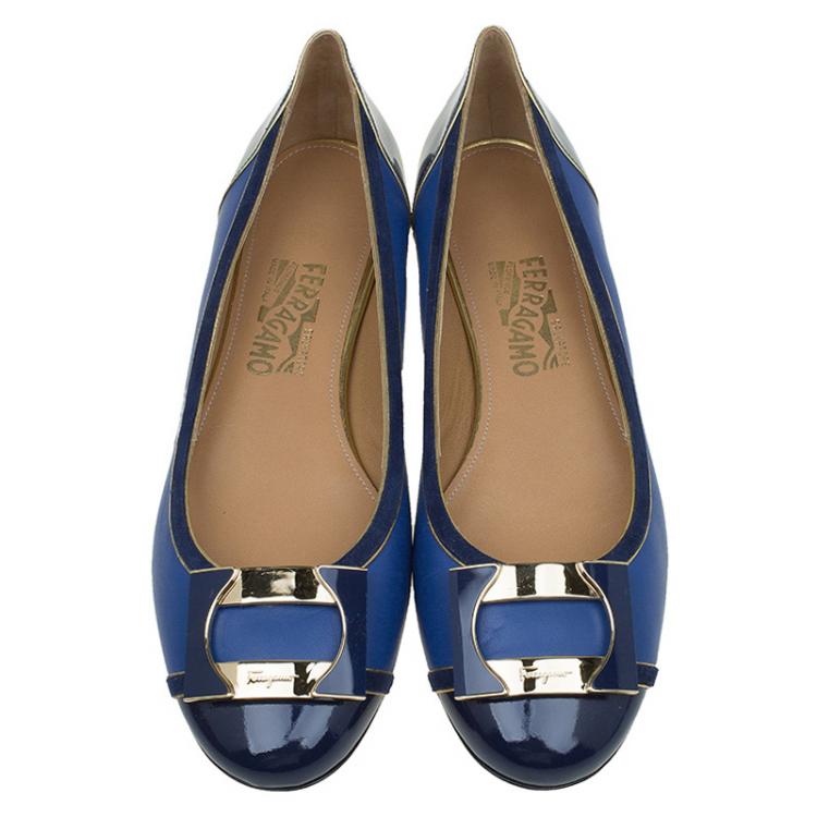 Pre Owned Salvatore Ferragamo Blue Leather And Suede Missy Ballet Flats Size 40.5