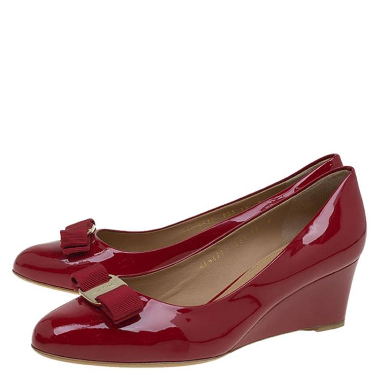 Pre Owned Salvatore Ferragamo Red Patent Mirabel Wedge Pumps Size 40.5