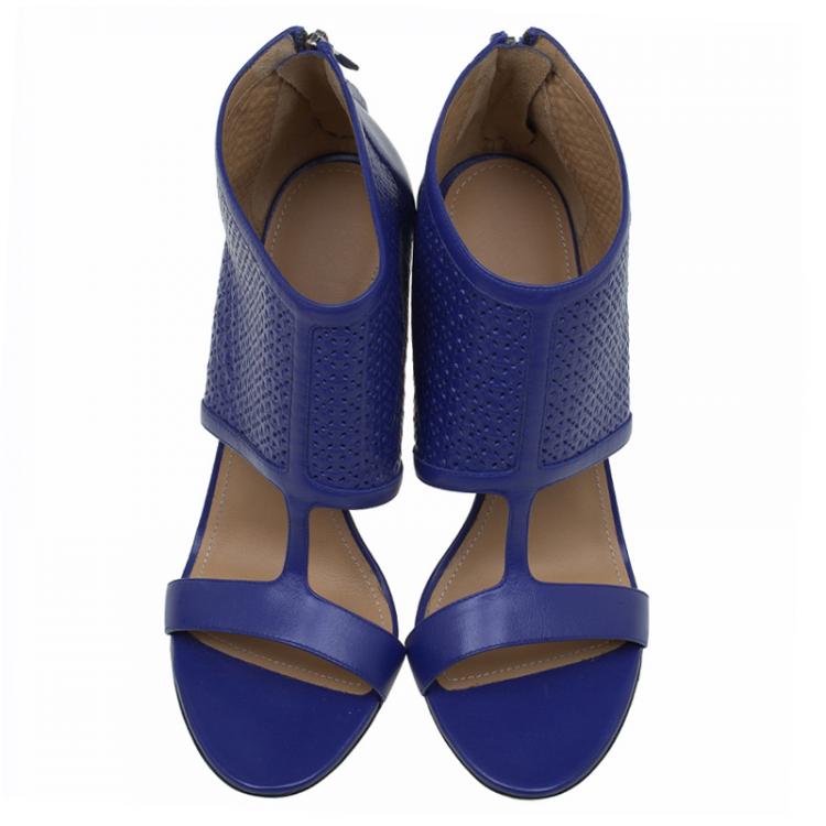 Pre Owned Salvatore Ferragamo Blue Embossed Leather Pacella Open-Toe Booties Size 39.5