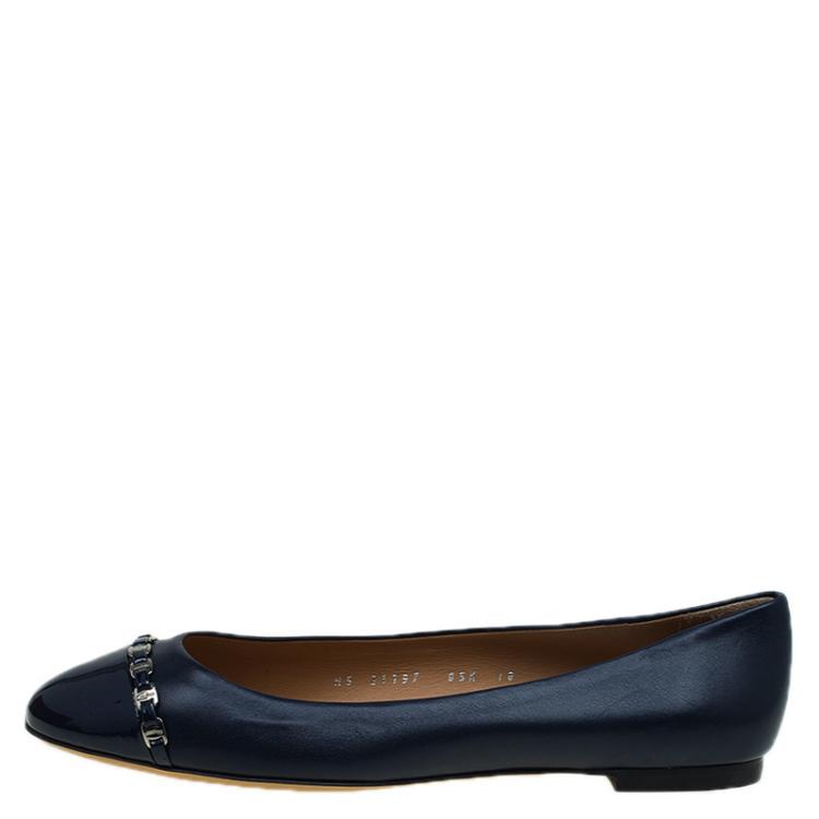 Pre Owned Salvatore Ferragamo Navy Blue Leather Pim Chain Ballet Flats Size 40.5