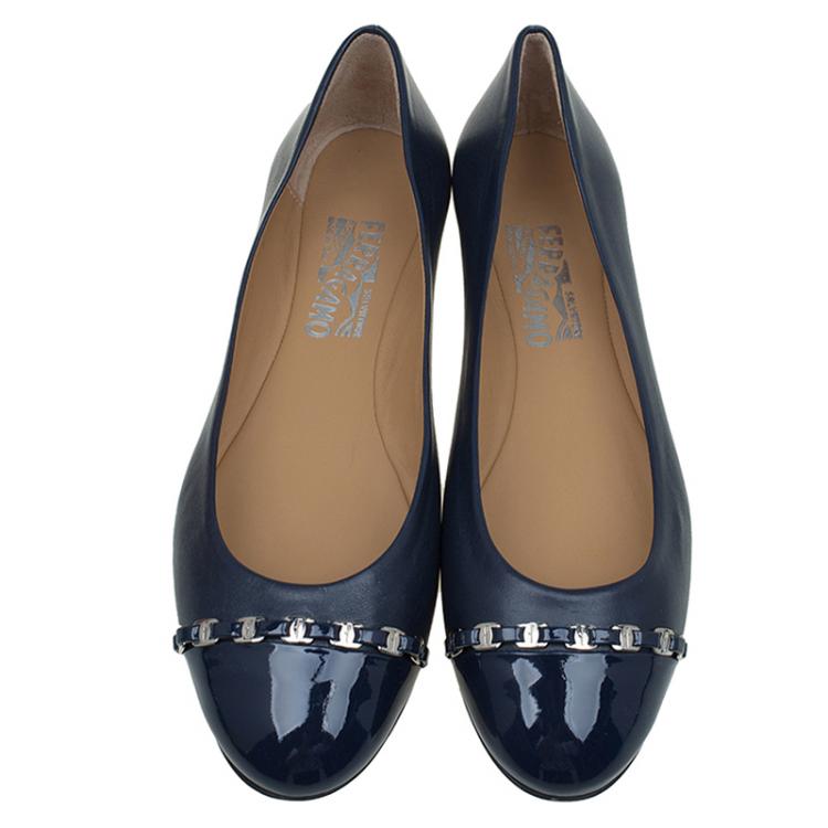 Pre Owned Salvatore Ferragamo Navy Blue Leather Pim Chain Ballet Flats Size 40.5