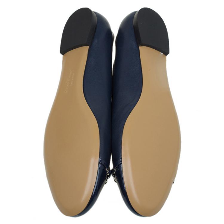 Pre Owned Salvatore Ferragamo Navy Blue Leather Pim Chain Ballet Flats Size 40.5