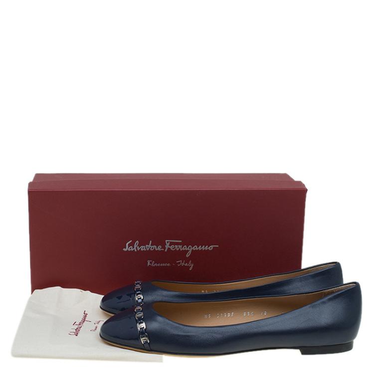 Pre Owned Salvatore Ferragamo Navy Blue Leather Pim Chain Ballet Flats Size 40.5