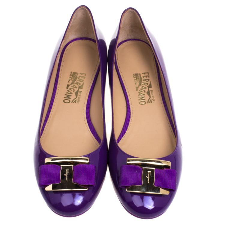 Pre Owned Salvatore Ferragamo Purple Patent Leather Ninna Kangaroo Bow Ballet Flats Size 40.5