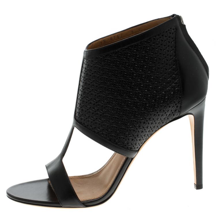 Pre Owned Salvatore Ferragamo Black Embossed Leather Pacella Open-Toe Booties Size 39.5