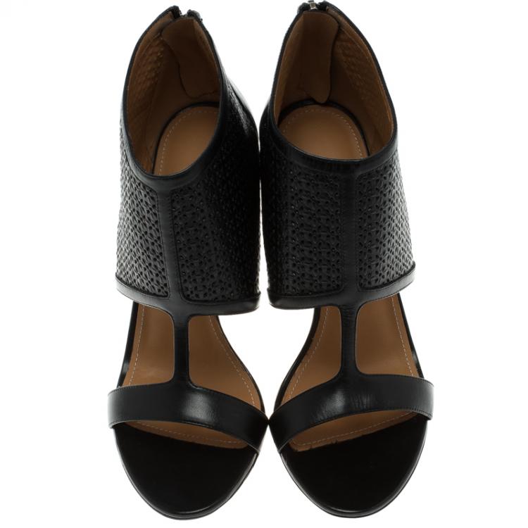 Pre Owned Salvatore Ferragamo Black Embossed Leather Pacella Open-Toe Booties Size 39.5