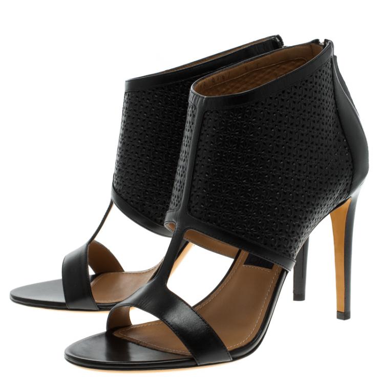 Pre Owned Salvatore Ferragamo Black Embossed Leather Pacella Open-Toe Booties Size 39.5