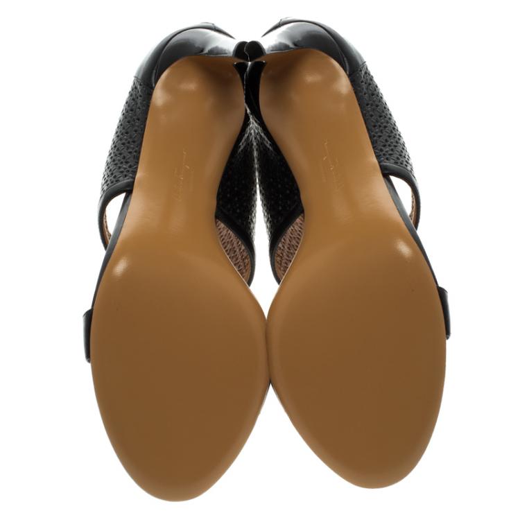 Pre Owned Salvatore Ferragamo Black Embossed Leather Pacella Open-Toe Booties Size 39.5