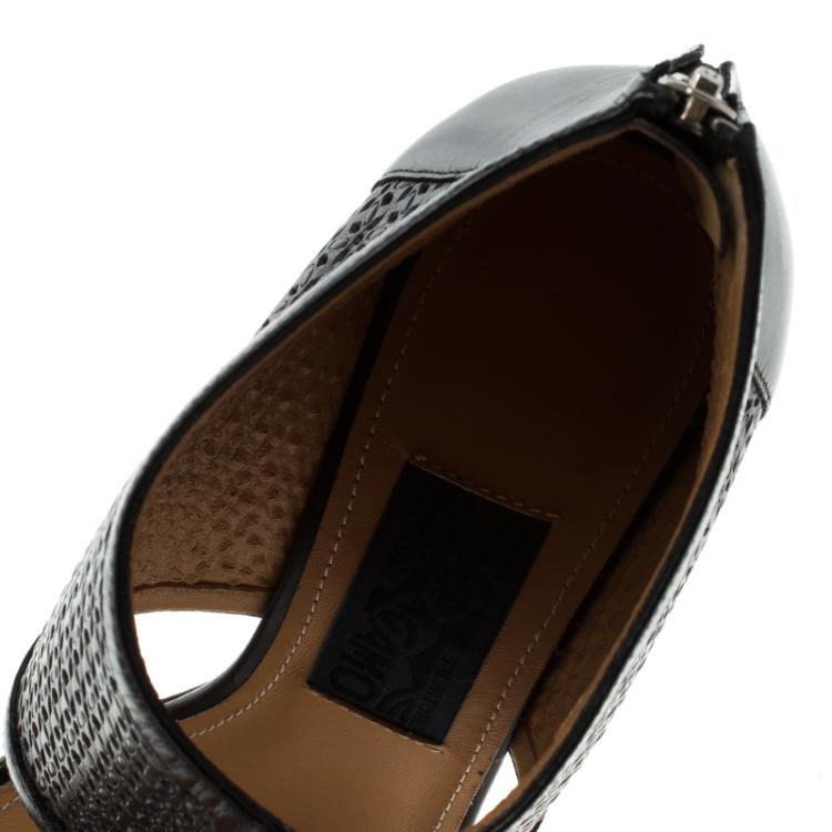 Pre Owned Salvatore Ferragamo Black Embossed Leather Pacella Open-Toe Booties Size 39.5