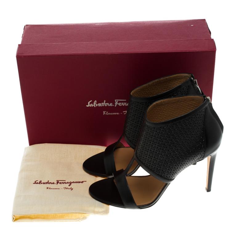 Pre Owned Salvatore Ferragamo Black Embossed Leather Pacella Open-Toe Booties Size 39.5