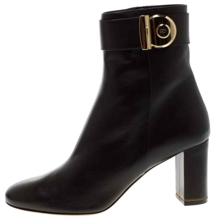 Pre Owned Salvatore Ferragamo Dark Brown Leather Fiamma Ankle Boots Size 40.5