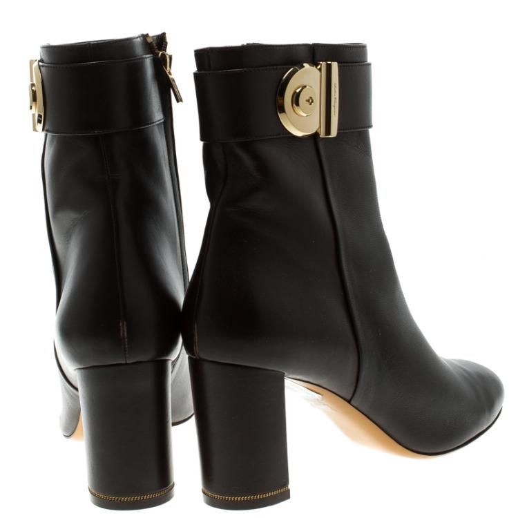 Pre Owned Salvatore Ferragamo Dark Brown Leather Fiamma Ankle Boots Size 40.5