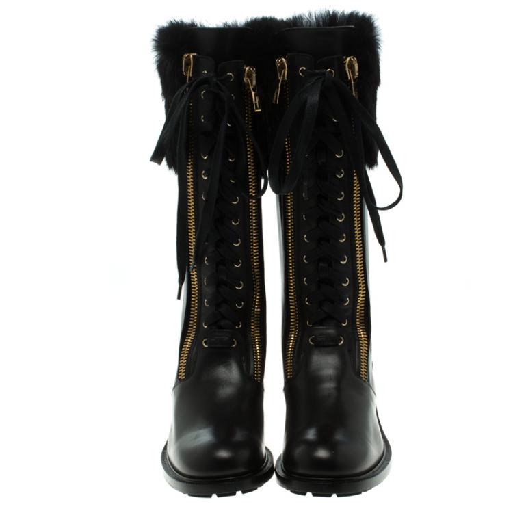Pre Owned Salvatore Ferragamo Black Leather And Fur Trim Lapo Combat Boots Size 38