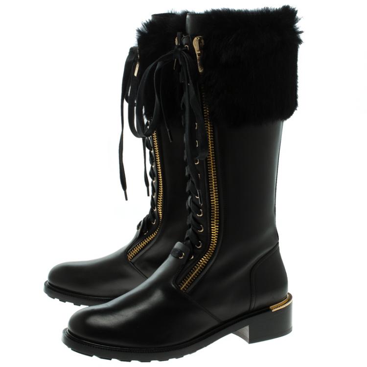 Pre Owned Salvatore Ferragamo Black Leather And Fur Trim Lapo Combat Boots Size 38