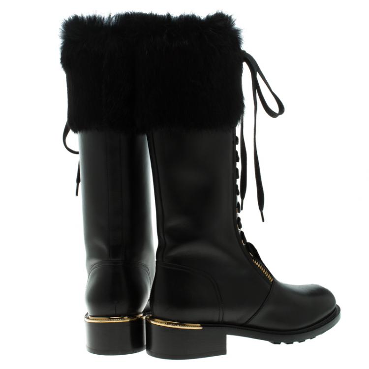 Pre Owned Salvatore Ferragamo Black Leather And Fur Trim Lapo Combat Boots Size 38