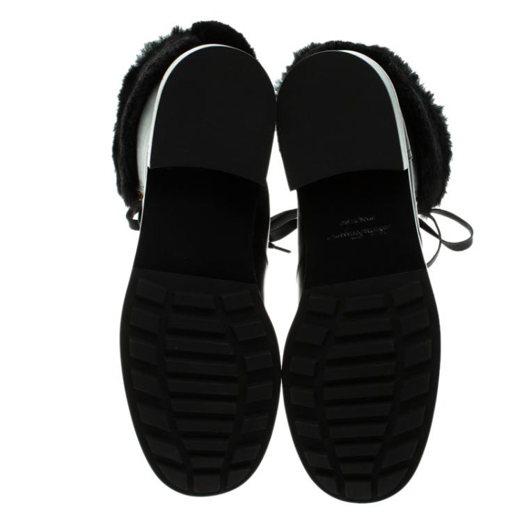 Pre Owned Salvatore Ferragamo Black Leather And Fur Trim Lapo Combat Boots Size 38