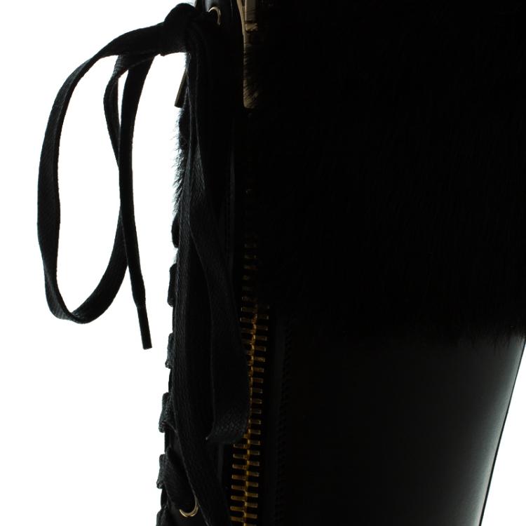 Pre Owned Salvatore Ferragamo Black Leather And Fur Trim Lapo Combat Boots Size 38